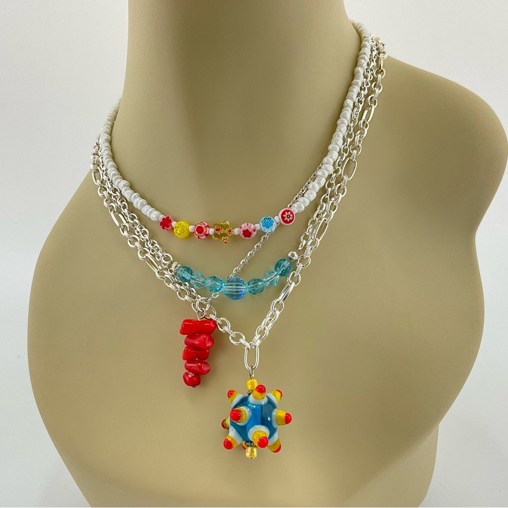 Colorful Layering Necklaces, Handmade, Set of 4, Art Glass Beads, Crystals - Picture 4 of 11
